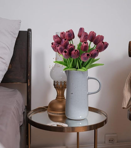 IPOPU Tulips Artificial Flowers 24PCS Burgundy Flowers Real Touch Tulips Fake Tulips Burgundy Silk Flowers Faux Flowers for Home Decoration Wedding Bouquet Party Baby Shower