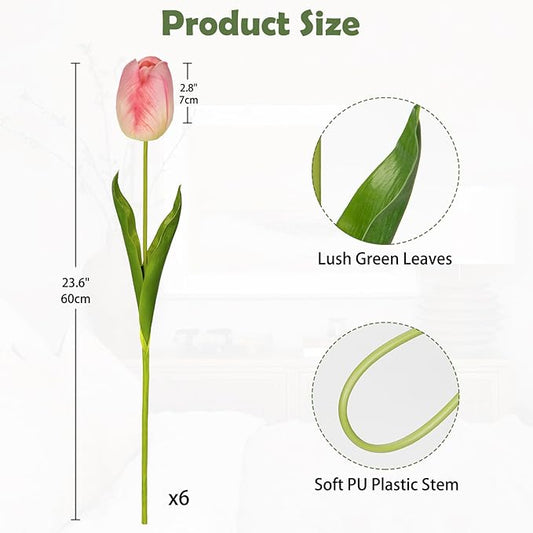 6PCS 23" Fake Tulip Flowers Artificial Pink Tulips Long Stem Faux Flower, Silk Flower Décor for Floral Arrangement Home Farmhouse Wedding Decoration