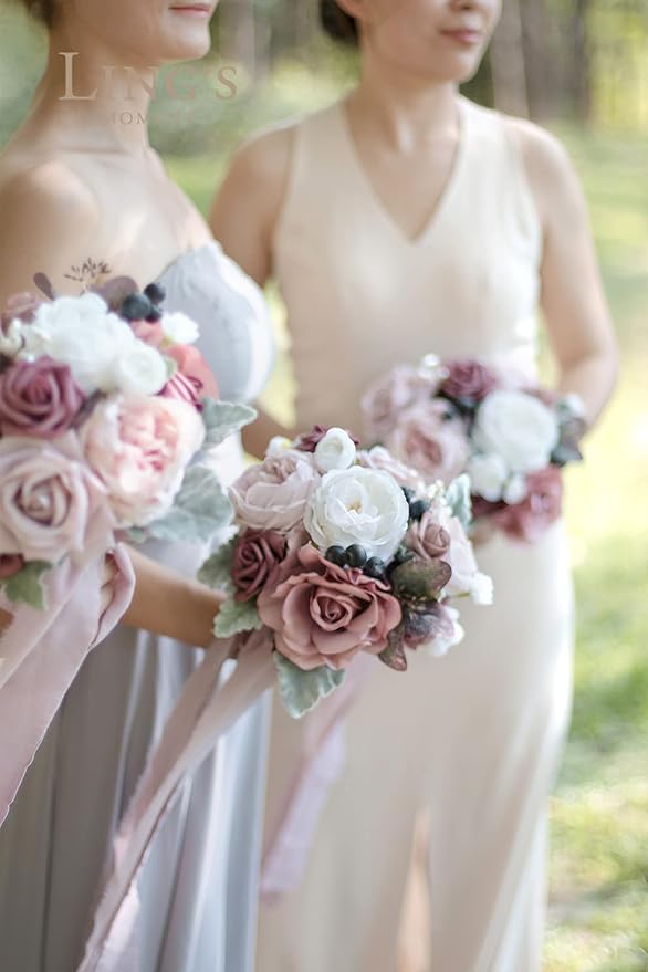 Ling's moment Artificial Flowers Pink Bridesmaid Bouquet Set of 4, Dusty Rose Wedding Flowers Bouquets for Bridesmaids, 7 Inch Bridal Bouquets for Bridesmaids, Wedding Decor, Ceremony, etc
