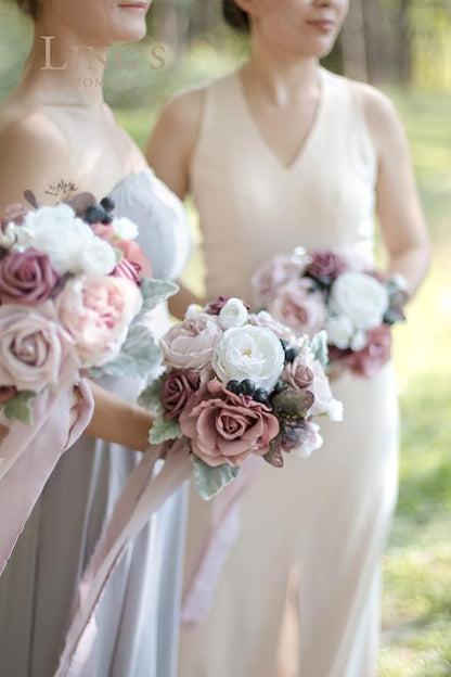 Ling's moment Artificial Flowers Pink Bridesmaid Bouquet Set of 4, Dusty Rose Wedding Flowers Bouquets for Bridesmaids, 7 Inch Bridal Bouquets for Bridesmaids, Wedding Decor, Ceremony, etc