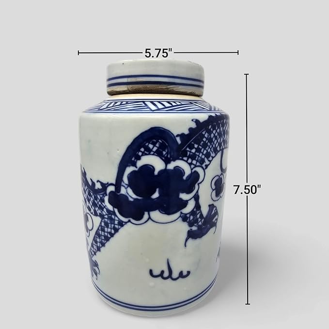 Festcool Retro Antique Like Style Blue and White Porcelain Dragon Ceramic Covered Jar Vase, China Ming Style, Jingdezhen (7 H)