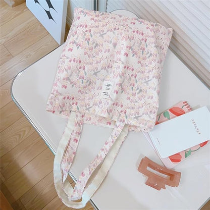 Cotton Canvas Tote Bag Reusable Soft Grocery Cloth Bag Floral Shoulder Bag for Beach Travel Shopping