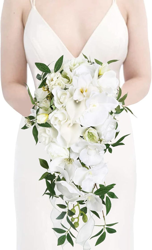 Bridal Bouquets for Bride,10 Inch White Wedding Bouquets for Bride for Ceremony Anniversary Wedding Bridal Shower(White Green)