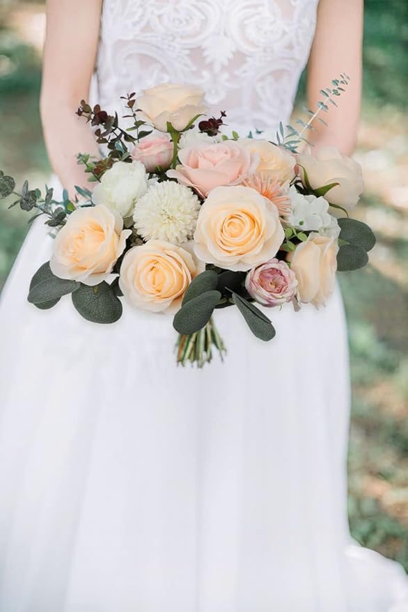 12pcs Roses Artificial Flowers Champagne Silk Roses with Long Stems Fake Flowers for Wedding Bouquet Centerpices Decorations Party Bridal Baby Shower Home Decor