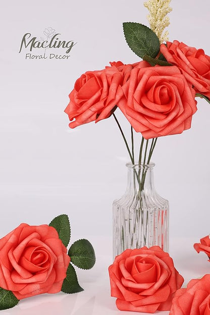 MACTING 30PCS Artificial Rose Flowers Real Touch Flowers with Stem Fake Roses for DIY Wedding Bouquet Table Centerpieces Party Holiday Baby Shower Home Spring Valentines Day Decorations,Coral Red