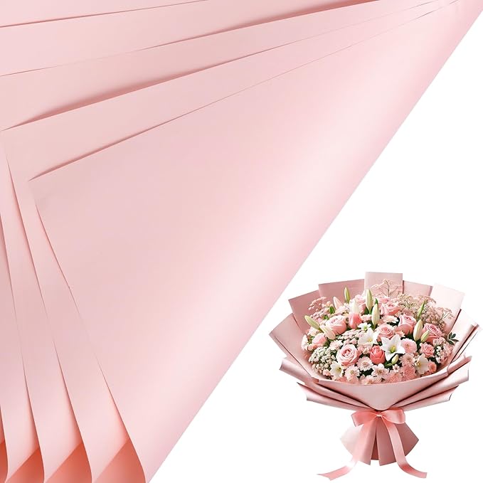 LeZakaa 20 Sheets Flower Wrapping Paper - Waterproof Reversible Floral Bouquet Paper - Pink Design for Valentine's Day, Mother's Day, Parties, Birthdays, Weddings, Baby Shower