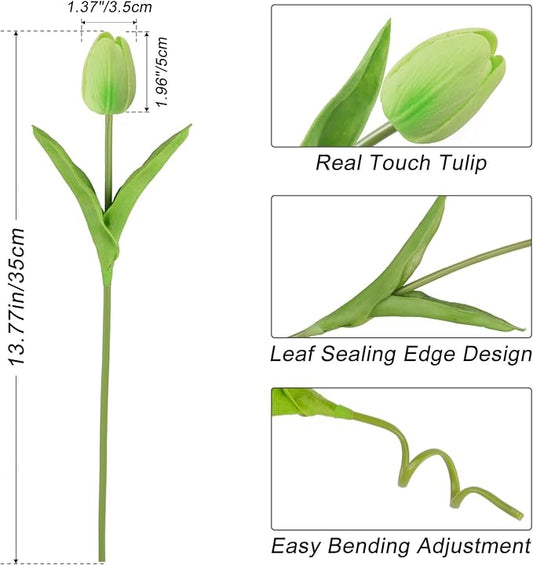 Beferr 18pcs Tulips Artificial Flowers Faux Tulip Real Touch Fake Flowers Bouquets Arrangements for Easter Spring Flowers Home Table Decor Green