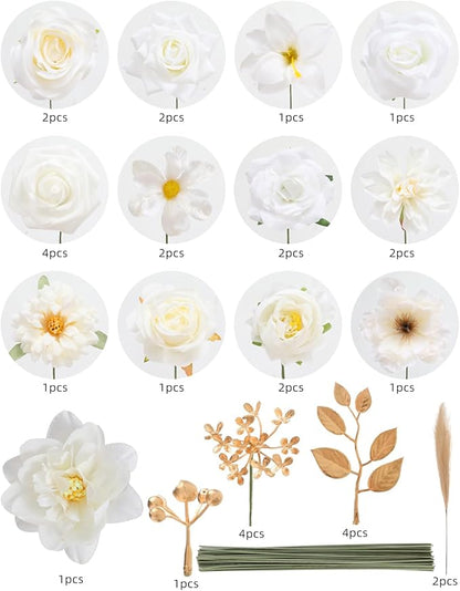 Artificial Flowers Combo, Mix Silk Flowers Roses, Peonies, Dahlias with Stems for DIY Wedding Bridal Bouquets, Baby Shower, Table Centerpieces, Home Decor, Fake Floral Arrangements-White