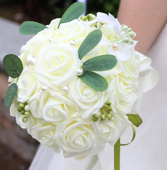 Lightweight Bridal Wedding Bouquet Round Holding Bouquet Throw Toss Artificial Rose Flower Bunch for Bride Bridesmaid Wedding Quinceanera (Cream, 9.1")