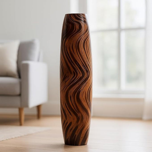 Leewadee Large Brown Home Decor Floor Vase - Wooden 34 inch Tall Farmhouse Decor Flower Holder for Fake Plant and Pampas Grass
