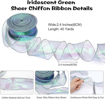 Iridescent Green Sheer Chiffon Ribbon – 2.4" Wide x 40 Yards – Perfect for Christmas Gift Wrapping, Floral Bouquets, Wedding Decor & DIY Crafts