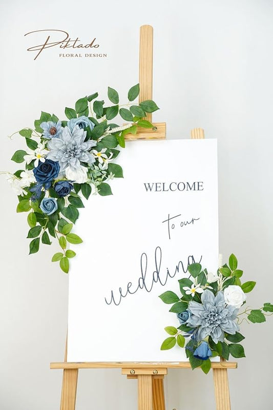 Wedding Decor (Pack of 2) Welcome Sign Flower Backdrop Garland for Ceremony Reception Wall Easel Home Decoration Entryway Faux Outdoor Board Head Table Decor (Dusty Blue & Navy)