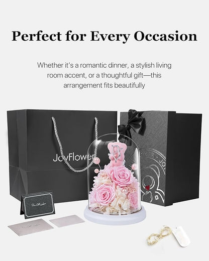 JoyFlower Preserved Flowers with Teddy Bear, Unique Pearl Roses Birthday Gifts for Women, Eternal Flower Rose Bear with Gift Box for Mom Girlfriend Wife on Valentine's, Mother's Day, Anniversary(Pink)