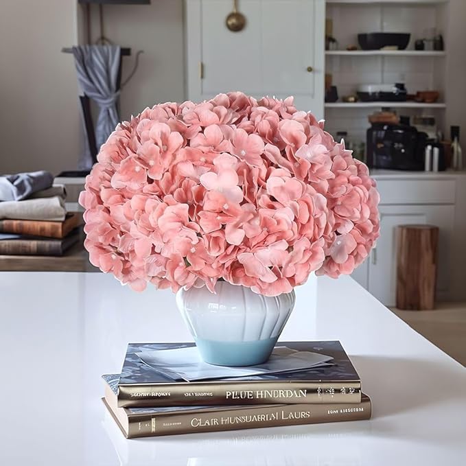 2Bouquets Artificial Fake Flowers Plants Silk Hydrangea Arrangements Wedding Bouquets Decorations Plastic Floral Home Kitchen Garden Party Festival Bar DIY(Light Coral Pink)