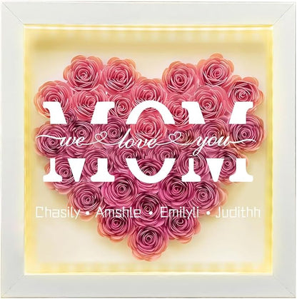 Personalized Mom Flower Shadow Box with LED Light Custom Heart Shaped Rose Flower Shadow Box Frame Mother's Day Rose Shadowbox Memory Gifts for Mom from Daughter Christmas Birthday,21
