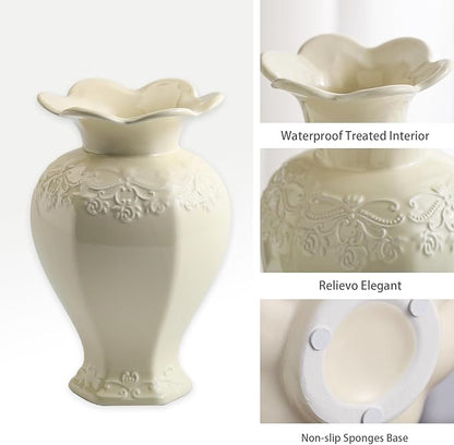 Relievo Elegant White Cream 8in 11in Ceramic Flower Tall Aesthetic Beige Table Tulip Wide Mouth Rose Filler Decorative Rustic Vase Decor for Home (Cream Vase, M)