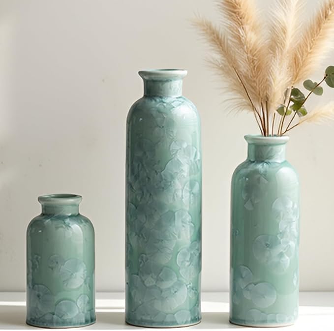 Modern Ceramic Vase Set of 3, Green Crystalline Glaze Colors, Decorative Bottles for Home, Farmhouse Rustic Decor (Crystalline Glaze Green)