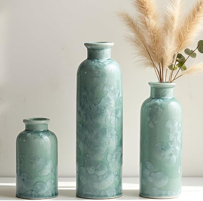 Modern Ceramic Vase Set of 3, Green Crystalline Glaze Colors, Decorative Bottles for Home, Farmhouse Rustic Decor (Crystalline Glaze Green)