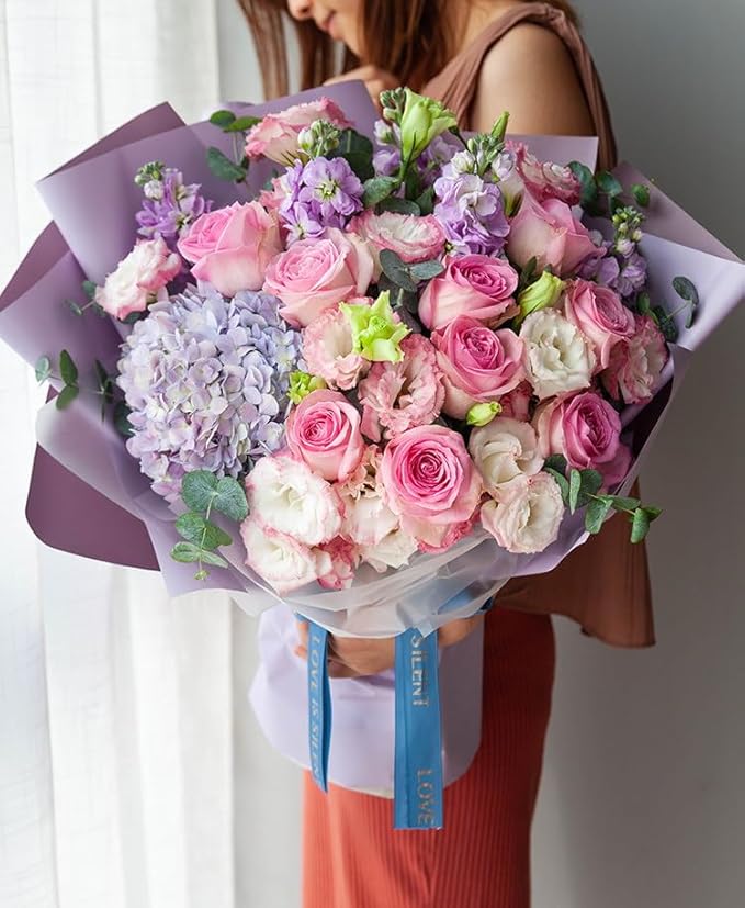 LeZakaa 20 Sheets Flower Wrapping Paper - Waterproof Reversible Floral Bouquet Paper - Pink and Purple Design for Valentine's Day, Mother's Day, Parties, Birthdays, Weddings, Baby Shower