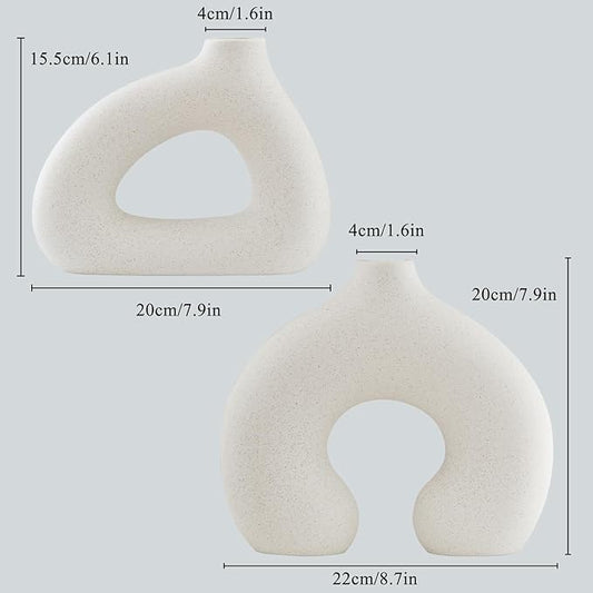 White Ceramic Vase Set of 2 for Modern Home Decor, Round Matte Donut Vases for Pampas Grass, Boho Nordic Minimalism Style Modern Flower Vases for Living Room Table Bookshelf Office Bedroom