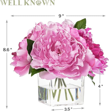 Artificial Peonies Flowers Arrangements in Cube Glass Vase, WELLKNOWN Silk Flower Centerpieces for Dining Room Table, Coffee Table Decor, Faux Peony Flowers with Faux Water (Bicolor Purple)