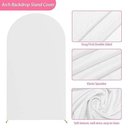 Putros 7.2ft Metal Arch Stand with Cover White Spandex Fitted Wedding Arch Cover and Round Top Chiara Backdrop Stand Set for Birthday Party Baby Shower Decoration