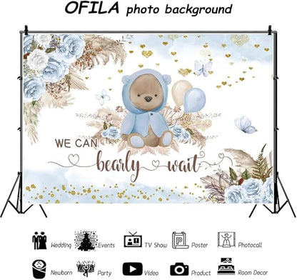 We Can Bearly Wait Backdrop Boho Baby Shower Party Backdrop 5x3ft Blue Floral Bohemian Pampas Grass Bear Photography Background Kids Baby Shower Newborn Baby Portrait Photo Backdrop