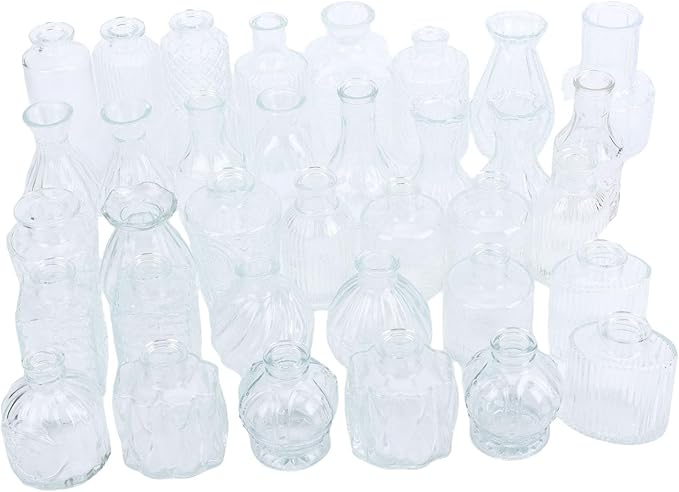 Sorandy 36 Glass Bud Vases, Transparent Multiple Shapes Vintage Embossed Flower Vase Set with Thick Sturdy Crystal Clear Glass for Wedding Home Decor Table Setting