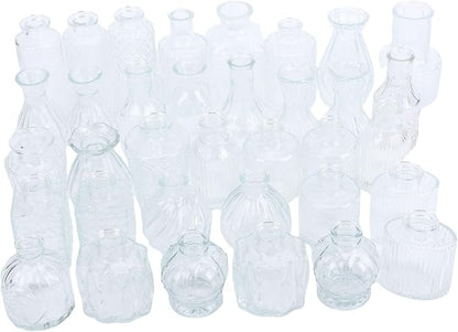 Sorandy 36 Glass Bud Vases, Transparent Multiple Shapes Vintage Embossed Flower Vase Set with Thick Sturdy Crystal Clear Glass for Wedding Home Decor Table Setting