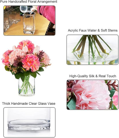 ENOVA FLORAL Tulip Real Touch Artificial Flower Arrangement with Vase, Mixed Dahlia Silk Flower in Vase for Dining Table Decorations, Wedding Centerpiece (Pink)