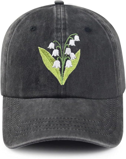 Cute Flower Hat, Elegant Floral Embroidered Adjustable Baseball Cap for Men Women, Gifts for Flower Lovers, Black