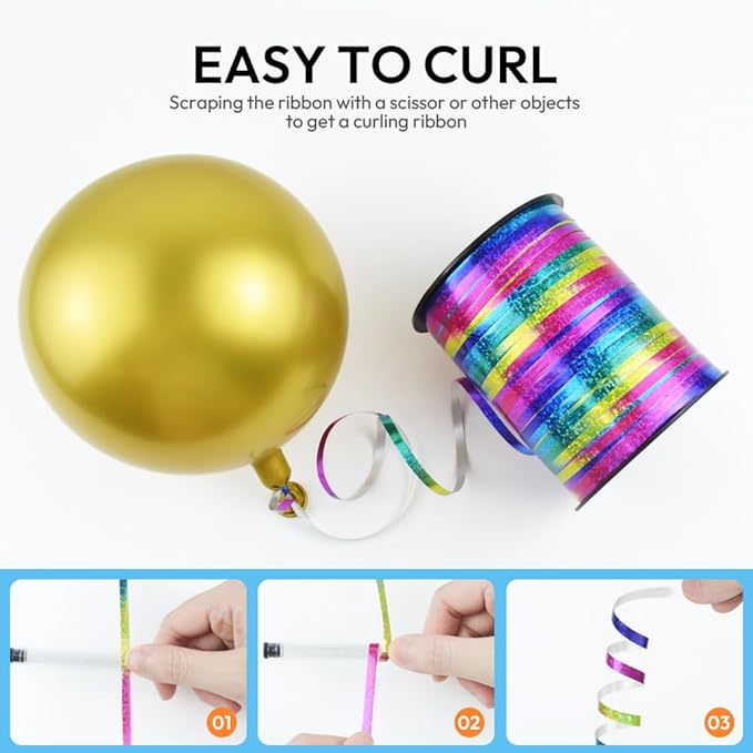 500 Yards Shiny Metallic Curling Ribbon with Spool, 1/5" Holographic Curly Ribbons - Perfect for Gift Wrapping, Florist Flowers, Birthday Party Decorations, Balloon String Ribbon in Rainbow
