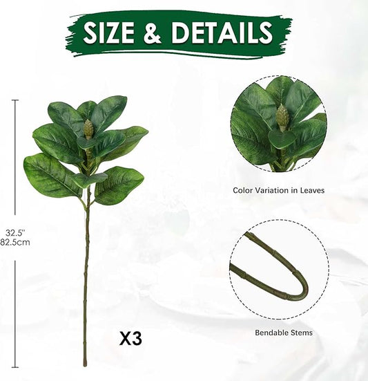 Briful 3PCS Faux Magnolia Stems 32.5'' Long Stem Artificial Magnolia Leaves Branches Fake Greenery for Home Office Vase Table Centerpiece Arrangement Decor