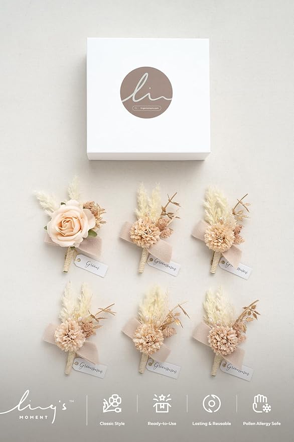 Ling's moment Boutonniere for Men, 6pcs Groom Groomsmen Boutonniere, Artificial Flowers for Wedding Decor/Prom/Homecoming, etc.White Nude