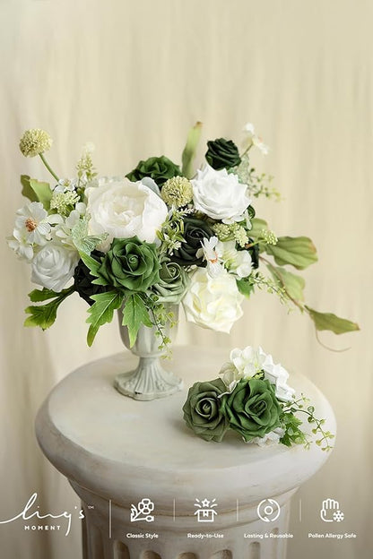Ling's moment Artificial Flowers, 25Pcs 3" Roses in Emerald Green Shades, Realistic DIY Foam Floral Fill for Wedding Bouquets/Centerpieces, Outdoor Party Backdrops, Room/Table, Garden/Pot Decorations