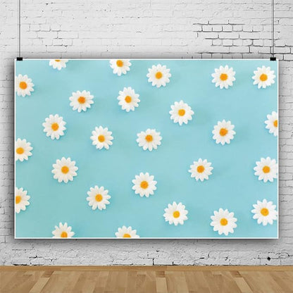 Daisy Flower Backdrop for Photography White Floral Blue Photo Background Baby Shower Birthday Party Decorations Cake Table Banner Girls Children Portrait Photoshoot Studio Props 10x6.5ft Vinyl
