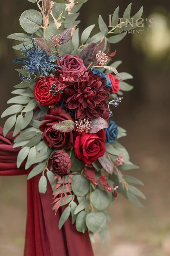 Ling's moment Burgundy Artificial Wedding Arch Flowers Kit Pack of 4, 2pcs Hanging Flower Arrangement 2pcs Chiffon Drapes Ceremony Reception Fake Rose Arbor Backdrop Floral Party Outdoor Decorations