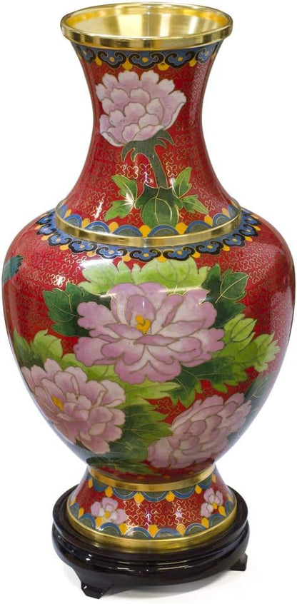 China Furniture Online Red Floral Motif Oriental Cloisonne Vase with Stand