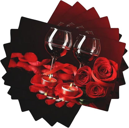 Red Rose Wine Linen Table Placemats Set of 6 Retro Romantic Placemat Indoor Outdoor Party Home Desktop Kitchen Dining Room Decoration 12x18 Inch