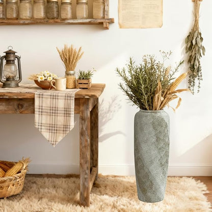 19.7 Inch Rustic Ceramic Tall Floor Vase, Slim Tapered Rustic Farmhouse Vase for Dried Stems & Pampas, Neutral Beige Decorative Vase for Living Room