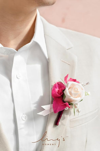 Ling's moment Boutonniere for Men, 6pcs Groom Groomsmen Boutonniere, Artificial Flowers for Wedding Decor/Prom/Homecoming, etc.Blush Hot Pink
