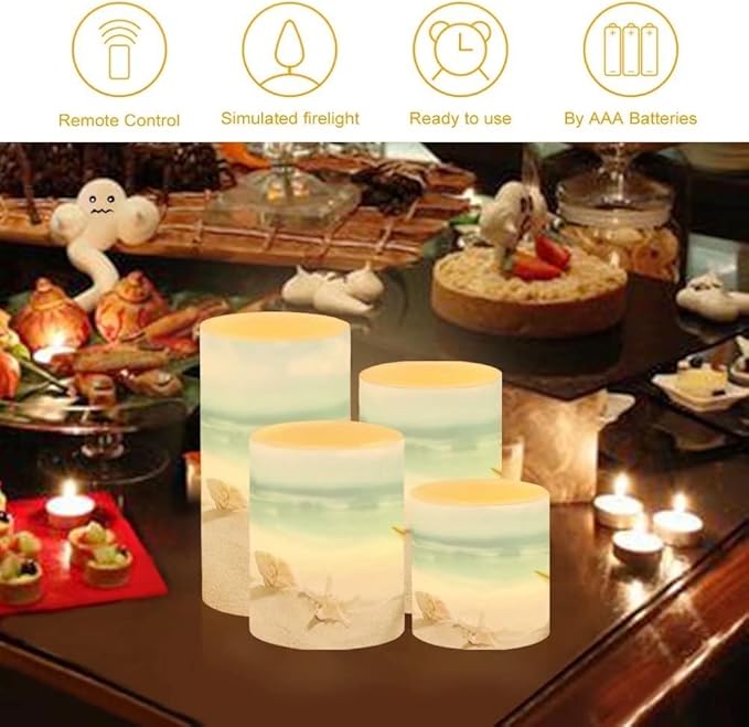 Beach Starfish Seashell Flameless LED Battery Candles 4 Pieces Pillar Fake Candles with Colored Light 4H 8H Timer Remote for Wedding Beach Party Coastal Room Decor