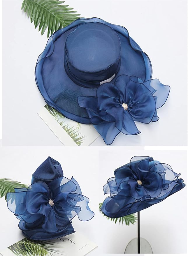 Organza Derby Hats for Women Wide Brim Fascinator Hat Rose Flower Wedding Tea Party Hat