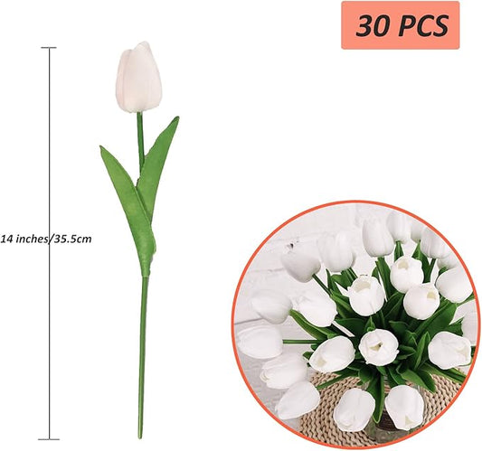 WeTop 30pcs Real Touch Tulips PU Artificial Flowers, Fake Tulips Flowers for Arrangement Wedding Party Easter Spring Home Dining Room Office Decoration. (White, 14" Tall)
