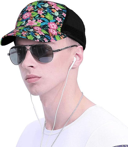 Tropical Pink Flowers Hats Women Men Hawaii Trucker Hat Adjustable Snapback Mesh Baseball Cap Hat