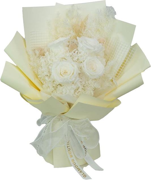GLAMOUR BOUTIQUE Preserved Flowers Bouquet - Flowers Forever in a Box with Hydrangeas & More, Gift Ready for Anniversary, Birthday, Mother's Day, Long-Lasting 1-3 Years - White