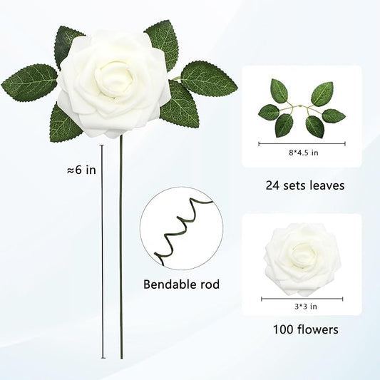 JOYLEX Artificial Flowers Realistic Roses, 100 pcs Real Looking Fake Roses with Stem for DIY Wedding Bouquets Centerpieces Bridal Shower Party Home Romantic Decorations (White)