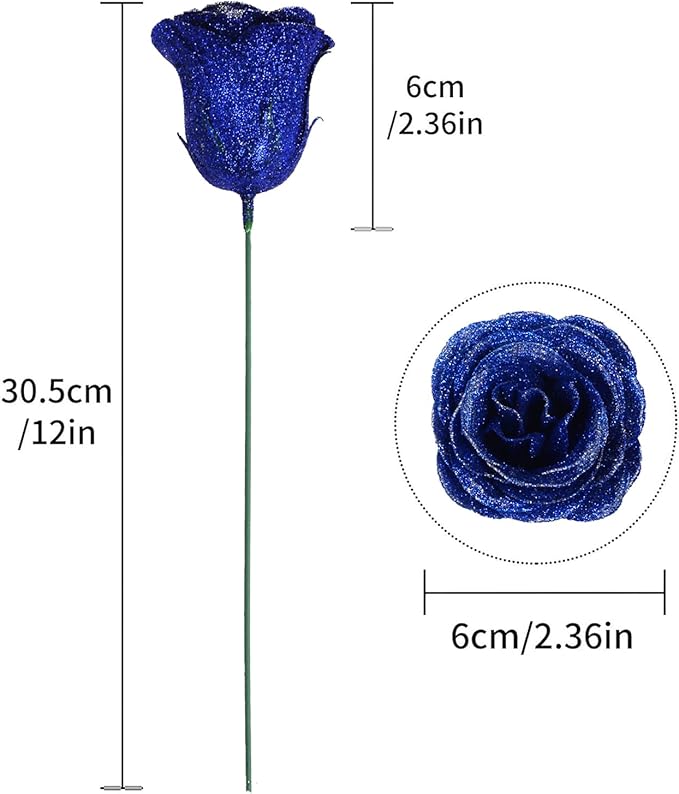 Royal Blue Glitter Roses Bouquet,30PCS Fake Sparkling Flowers Artificial Roses with Stems for Wedding Party Christmas Home Decor(Royal Blue with Silver Glitter)