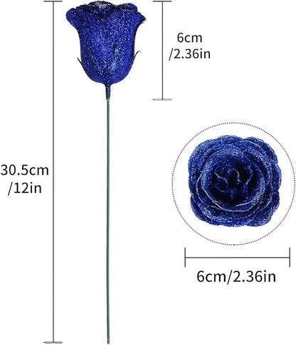 Royal Blue Glitter Roses Bouquet,30PCS Fake Sparkling Flowers Artificial Roses with Stems for Wedding Party Christmas Home Decor(Royal Blue with Silver Glitter)