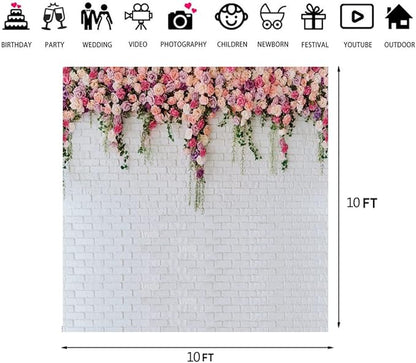 LTLYH 10x10ft White Brick Wall Flowers Background Spring Theme Photography Backdrop for Mother's Day Valentine Wedding Bridal Baby Shower Birthday Party Decor Banner Portrait Photo Booth Prop 134